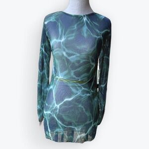 Long Sleeve Mesh Bodycon Mini Dress Teal & White Open Back Urban ~ Unsized S/M?